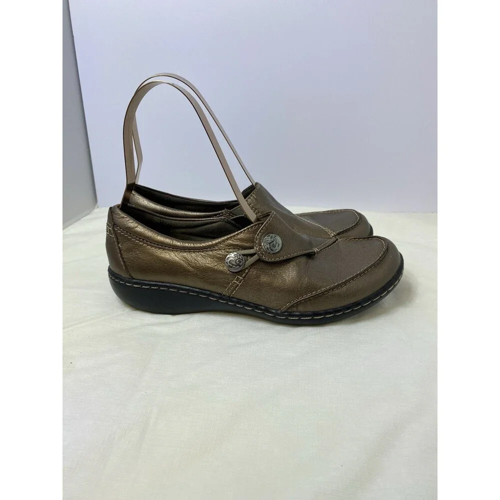 Clarks Womens Ashland Lane Loafer Size 7 M Bronze Leather Shoe Shootie Flat - Picture 2 of 8
